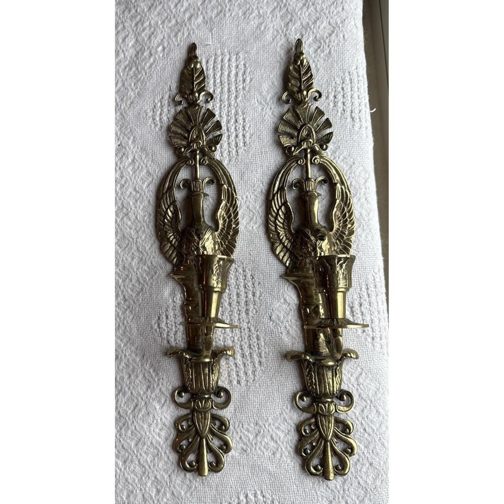 Solid Brass Wall Candle Sconce Pair Winged Serpent Torch Neoclassical 15" VTG